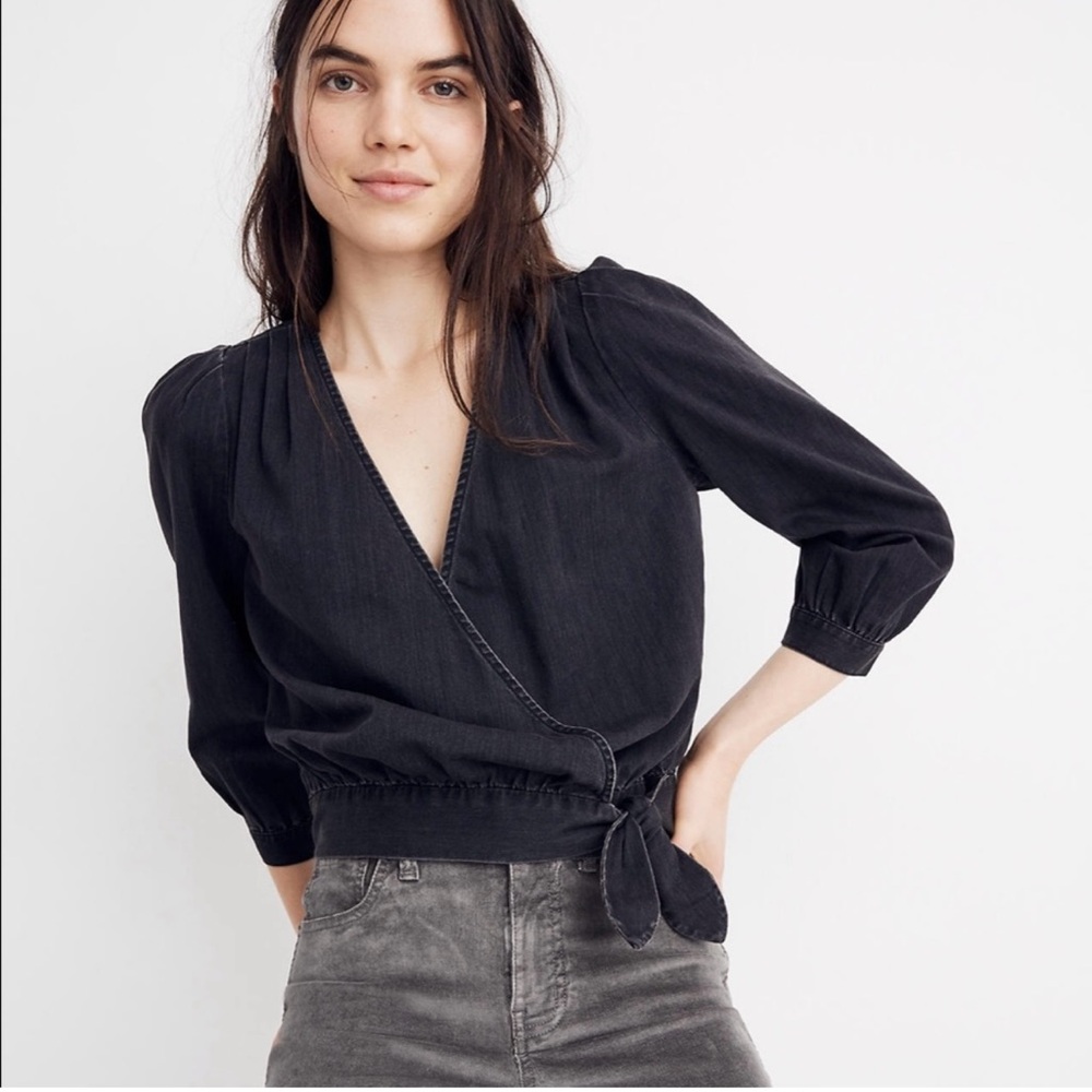 Madewell Wrap Top in Black Denim. Ashbury Wash. Size Small.